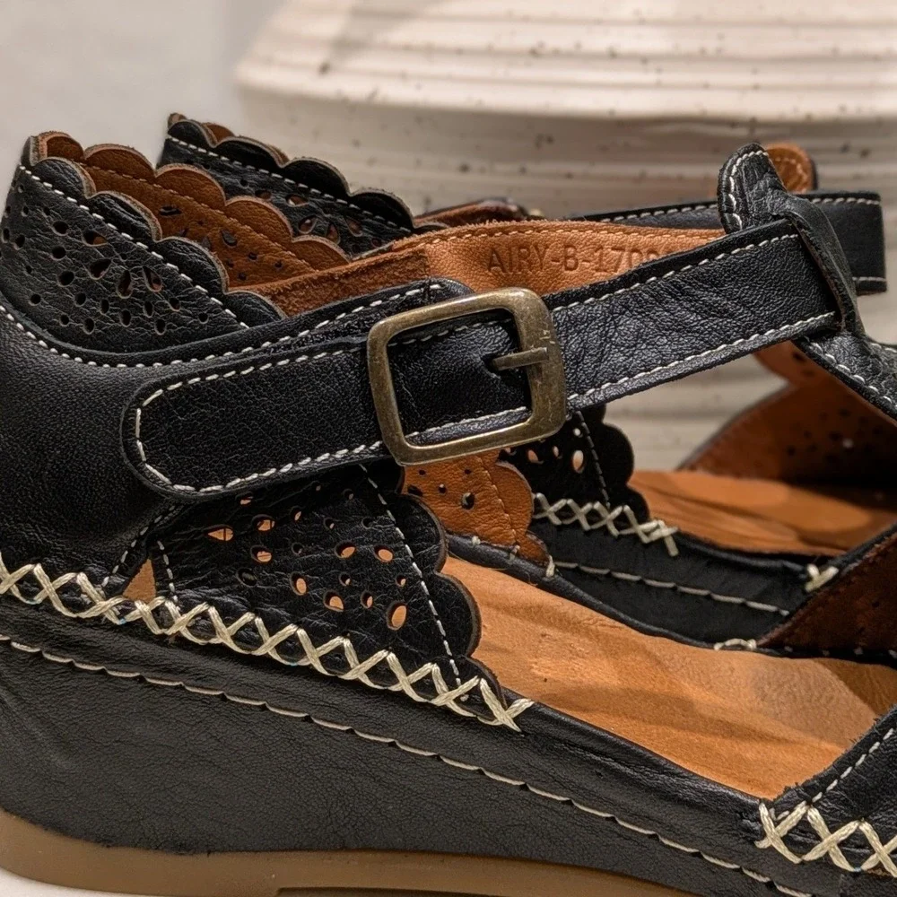Spring Step Patrizia Airy Wedge Leather T-Strap Flats Black Laser Cut Comfort